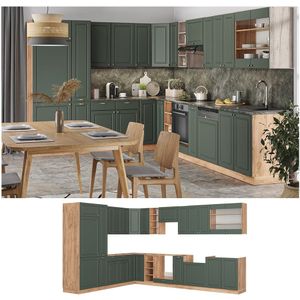 Vicco Eckküche Küchenzeile Einbauküche Fame-Line Landhaus Eiche Grün Gold 257x347 Spülenunterschrank Unterschrank Herdumbauschrank Hängeschrank Kühlumbauschrank Apothekerhochschrank Blende