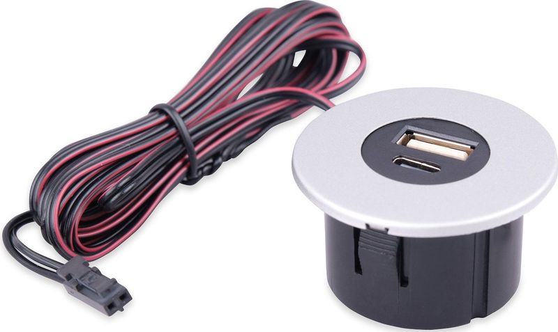 Einbau USB-Hub 2 in 1 Silbergrau USB und USB-C, silbergrau, Steckdose für Smartphone, Tablet, E-Reader Möbeleinbau 12V silbergrau