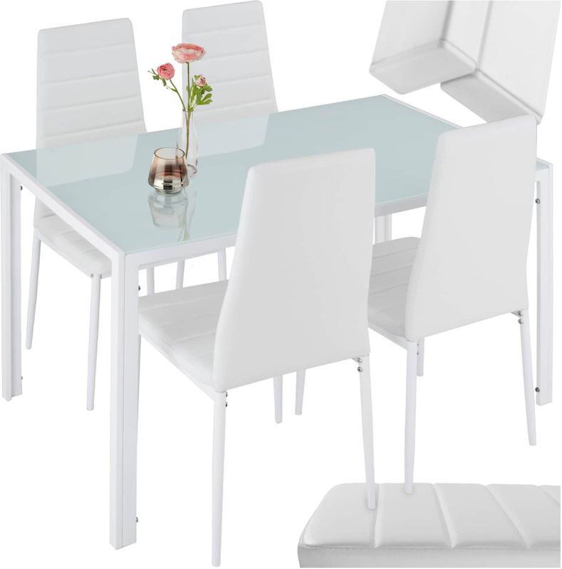 tectake® Esszimmergruppe, 5-teilig, gepolstert mit Kunstlederbezug, bodenschonende Kunststoffkappen