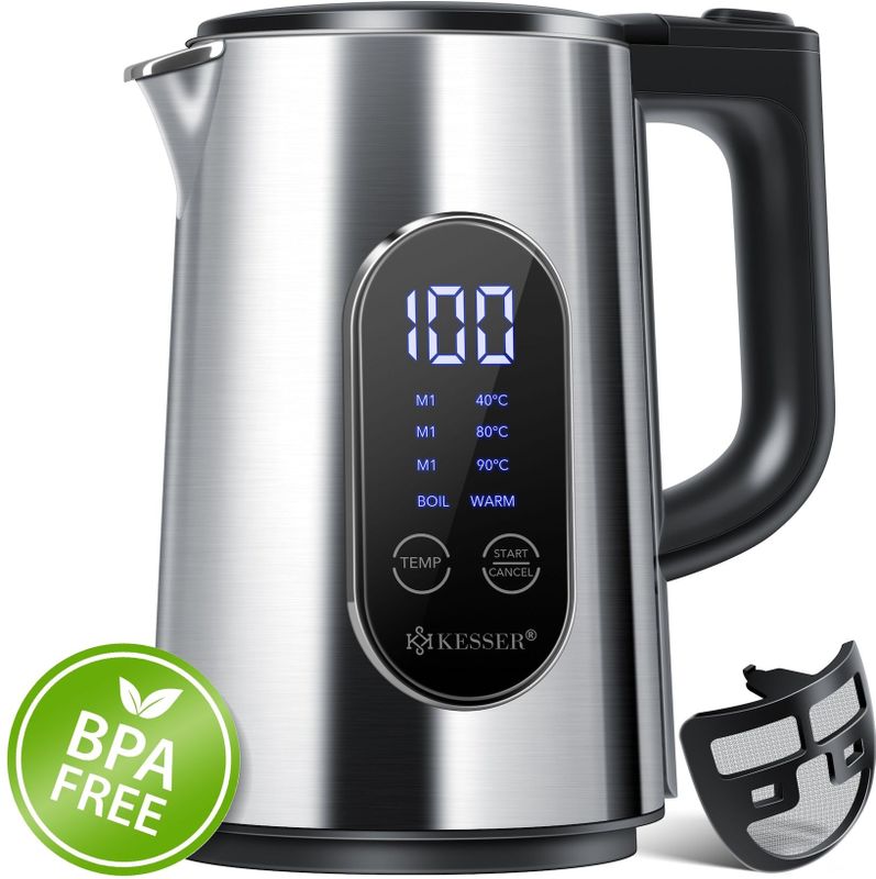 KESSER® Wasserkocher Edelstahl 1.7 Liter  LED-Anzeige  4-Modi Temperatureinstellung 40°C-100°C  30min Warmhalten  elektrischer Teekocher 2200W BPA-Frei  Kalkfilter & Easy-Open-Deckel
