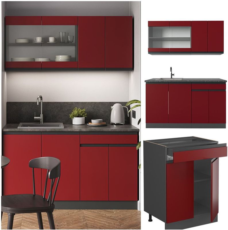 Vicco Küchenzeile Küchenblock Einbauküche R-Line J-Shape Anthrazit Rot 140 cm modern Küchenschränke Küchenmöbel