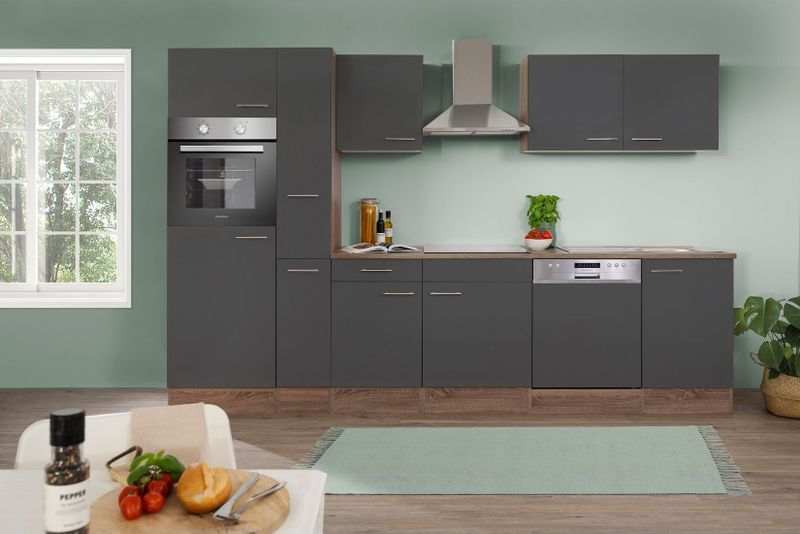 Respekta Küchenprogramm Eiche York Küchenzeile 310 cm inkl. E-Geräte & Mineralite Einbauspüle, grau