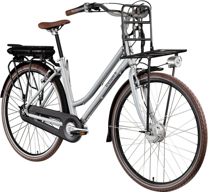 Tretwerk Sophia E Bike Damen 28 Zoll Elektrofahrrad 155 - 175 cm Hollandrad Tiefeinsteiger silber