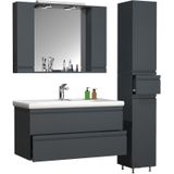 VCM 4-tlg. Waschplatz Waschtisch 100 cm Badmöbel Set Waschbecken grifflose Schublade Spiegelschrank Hochschrank Silora XL