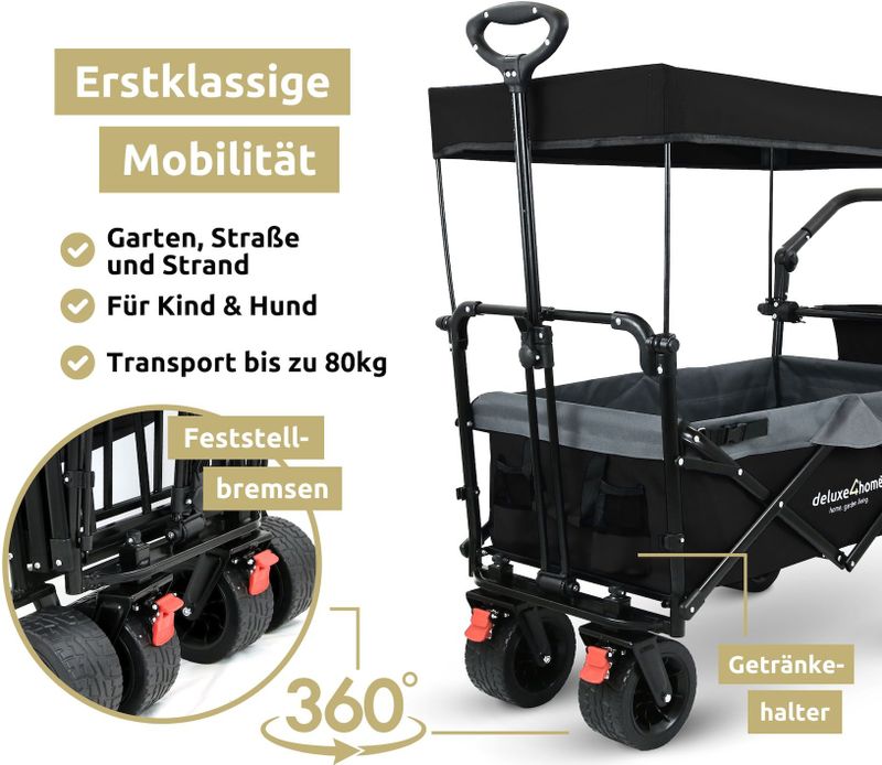 deluxe4homeÂ® Bollerwagen faltbar mit Breiten Reifen und Dach  Schwarz/Grau