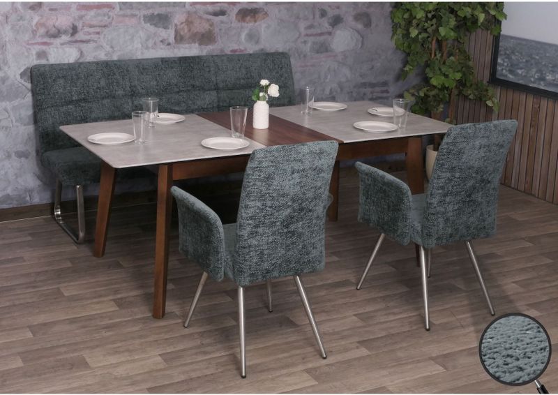 Esszimmer-Set MCW-G55, 2er-Set Stuhl mit Armlehne+Sitzbank 180cm, Edelstahl gebürstet Stoff/Textil Chenille ~ blau-grün
