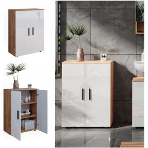 Vicco Badschrank Badezimmerkommode Badezimmermöbel Irma Eiche Weiß Hochglanz modern 60x81 cm Badezimmer Schrank Badmöbel 2 Türen 3 Fächer