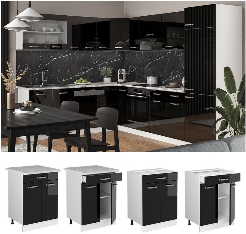 Vicco Schubunterschrank Küchenschrank R-Line Solid Weiß Schwarz 60 cm modern Arbeitsplatte