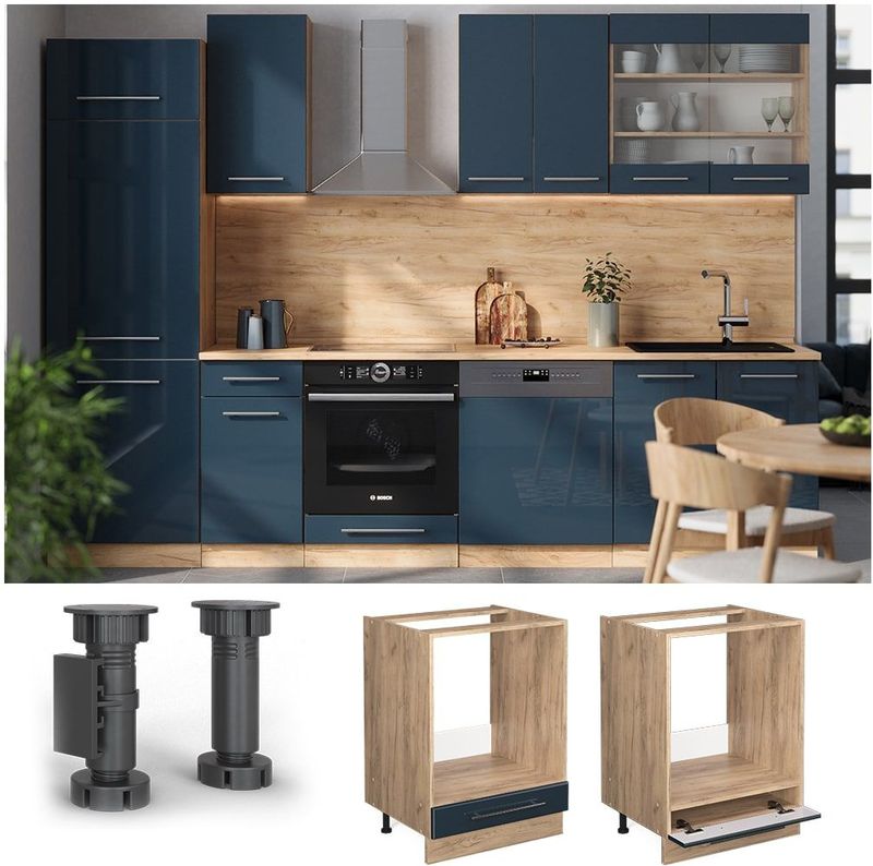 Vicco Herdumbauschrank Fame-Line Eiche Dunkelblau Hochglanz 60 cm mit Arbeitsplatte Eiche