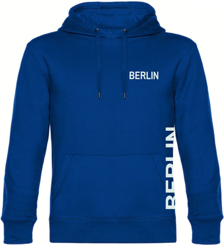 multifanshop Kapuzen Sweatshirt - Berlin blau - Brust & Seite - Druck weiß - Hoodie