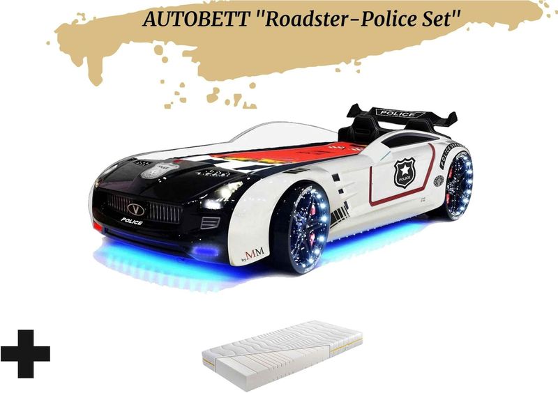 Autobett Kinderbett "Roadster Police" LED Sound Sportsitze Lattenrost Spoiler 90x190 cm