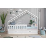 TiCAA TiCAA Hausbett Bodenbett wandelbar mit asymmetrischem Dach "Lou" 90/100/120/140x200 cm für Jungen & Mädchen, inkl. Rolllattenrost, Schubladen & Rausfallschutz, Montessori Bett aus Kiefer Massivholz