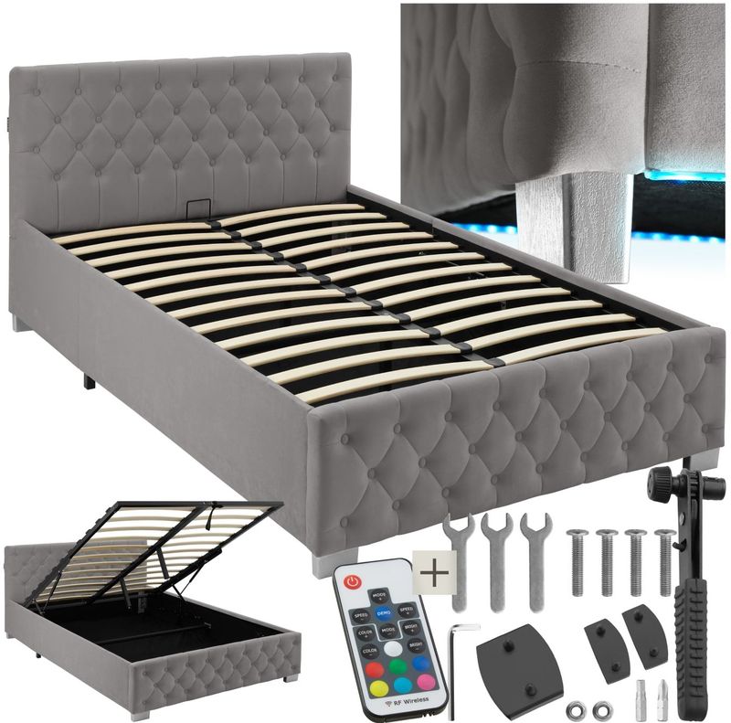 tectake® Polsterbett, in Samtoptik mit Steppmuster, inklusive hochklappbarem Lattenrost, großer Stauraum