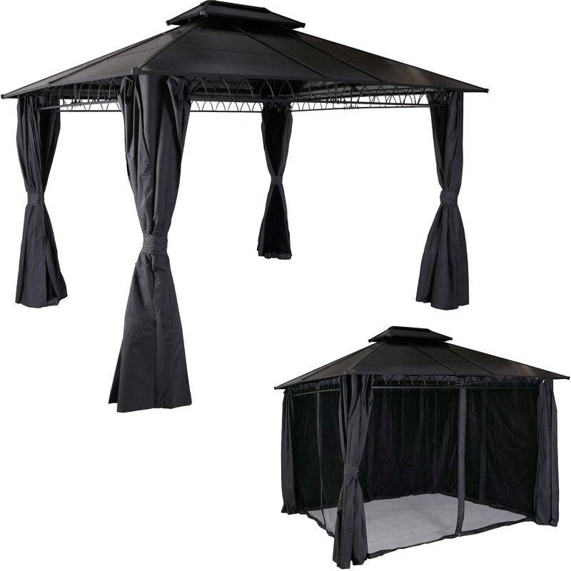 Hardtop Pergola MCW-M81, Pavillon, Aluminium Dachstreben 7cm-Stahlgestell mit Seitenwand und Moskitonetz 3,6x3m ~ grau