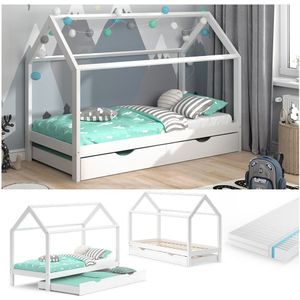 VitaliSpa Kinderbett Hausbett Gästebett Wiki Weiß 90x200cm Schublade Matratze