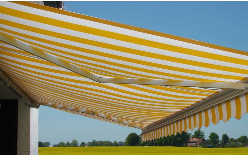 Elektrische Kassetten-Markise H124, Vollkassette Volant 5x3m ~ Acryl Gelb/Weiß