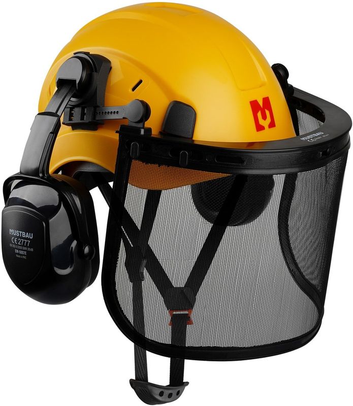 MUSTBAU Sicherheitshelm Schutzhelm Set -  EN397 mit Ohrschützern und Netzvisier - Verstellbarer Kopfbügel von 53 bis 63 cm - Ideal für Forstwirtschaft, Baustellen und Dienstleistungen