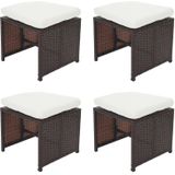 4er-Set Poly-Rattan Hocker Korfu, Gartenhocker Sitzhocker ~ braun, Kissen creme