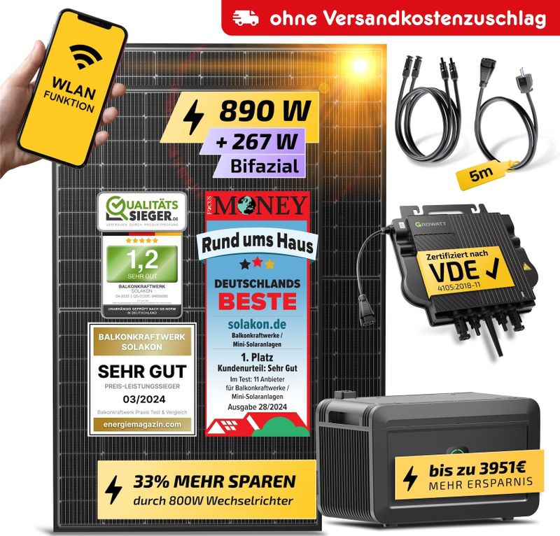 Balkonkraftwerk mit Speicher, 900W/800W Solaranlage Steckerfertig WIFI Komplettset Photovoltaik Anlage 800W, Kabellänge: 5m