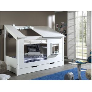Baumhaus Bett 90 x 200 cm Liegefläche, inkl. Vorhang Set und Bettschublade, offenes Dach Weiß lackiert