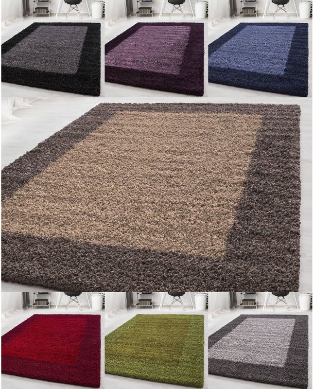 Designer Hochflor Teppich, Langflor Shaggy Teppich 2 farbig Bordüre Muster