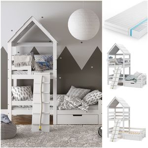 VitaliSpa Spielturmbett Kinderbett Spielbett Teddy Weiß modern 208x235 cm Massivholz Kinderzimmer Lattenrost Bett Schublade Matratze Abenteuerbett Kletterbett