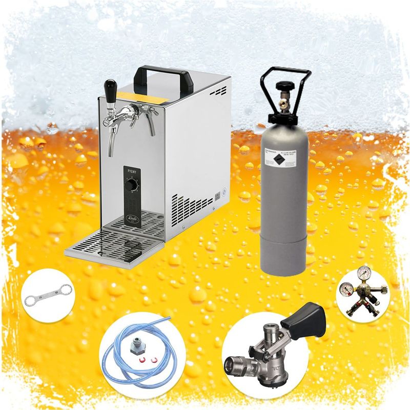 Komplett Set - Zapfanlage, Bierzapfanlage, Bierkoffer, Durchlaufkühler PYGMY 25 1-leitig Trockenkühler, 35 Liter/h, Zapfkopf:Korb