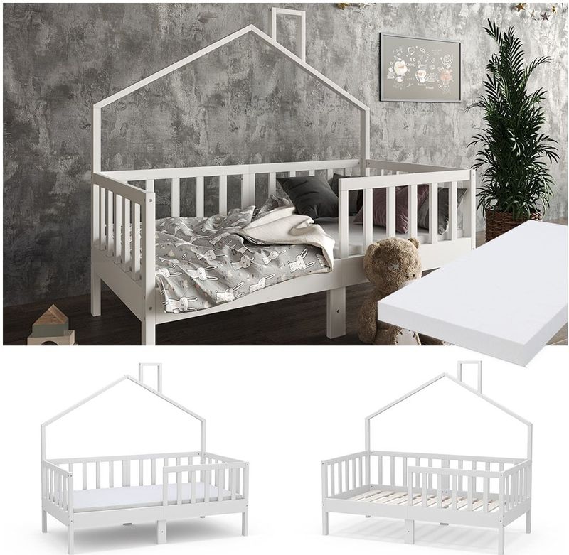 Vicco Hausbett Kinderbett Justus Weiß 70 x 140 cm mit Matratze modern