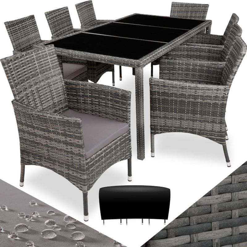 tectake® Rattan Sitzgruppe, für 8 Personen, UV-beständig, inklusive Schutzhülle