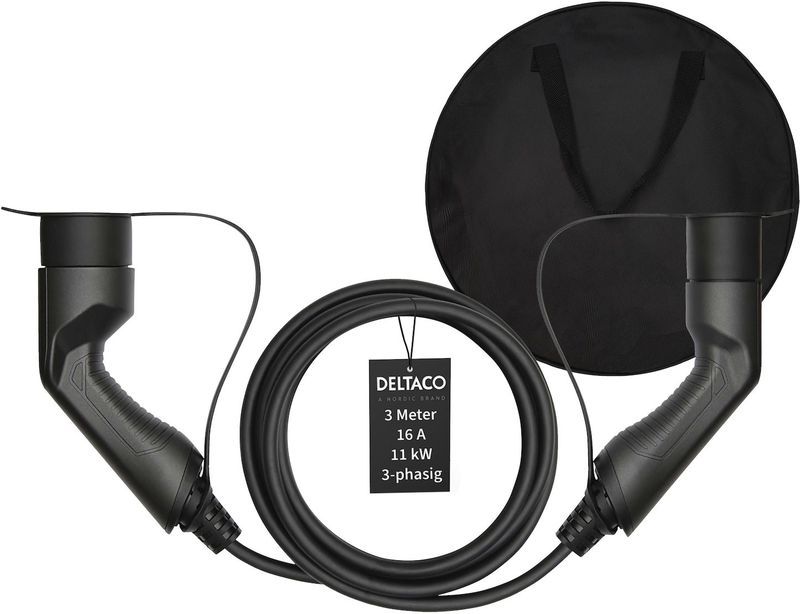 Deltaco EV-Ladekabel + Tasche, Typ2 auf Typ2, 16 A, 11 kW, 3-phasig 3m