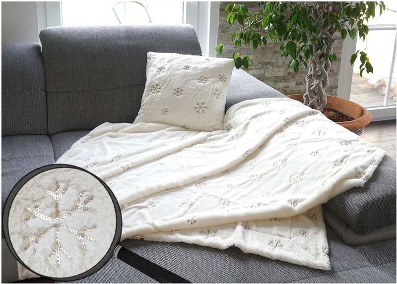 Set Kuscheldecke + Deko-Kissen Schnee, Wohndecke Sofadecke Zierkissen+Füllung, flauschig Pailletten