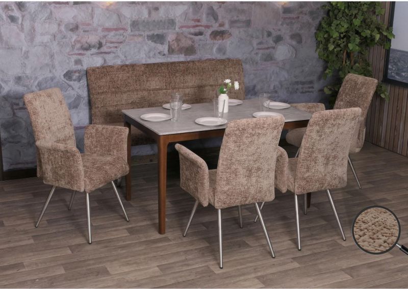 Esszimmer-Set MCW-G55, 4er-Set Stuhl mit Armlehne+Sitzbank 160cm, Edelstahl gebürstet Stoff/Textil Chenille ~ braun