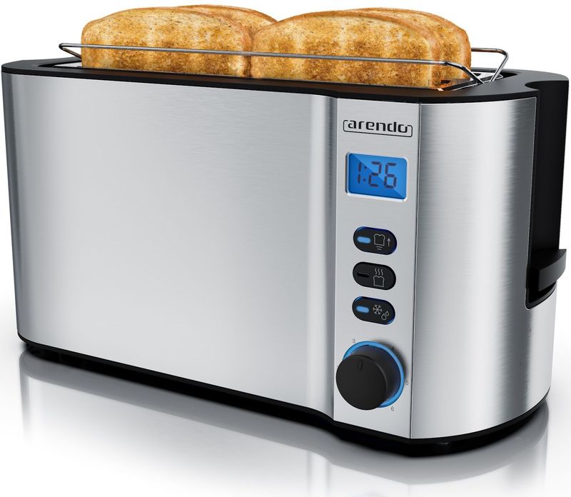 Arendo Toaster Edelstahl Langschlitz 4 Scheiben, Doppelwandgehäuse, integrierter Brötchenaufsatz, 6 Bräunungsstufen, Brotzentrierung automatisch