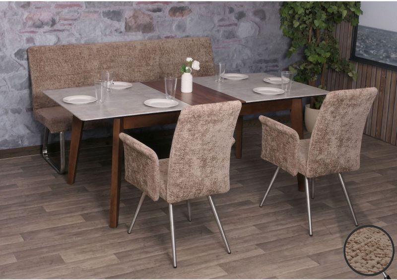 Esszimmer-Set MCW-G55, 2er-Set Stuhl mit Armlehne+Sitzbank 180cm, Edelstahl gebürstet Stoff/Textil Chenille ~ braun