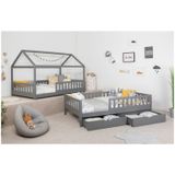 TiCAA 2 in 1 Hausbett Bodenbett wandelbar mit abnehmbaren Dach Duo 90x200, 100x200 cm, 120x200 cm, 140x200 Weiß für Jungen & Mädchen mit Schubladen, Rausfallschutz & Rolllattenrost – aus Kiefer Massivholz