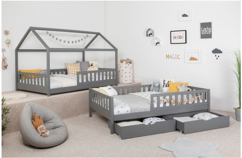 TiCAA 2 in 1 Hausbett Bodenbett wandelbar mit abnehmbaren Dach Duo 90x200, 100x200 cm, 120x200 cm, 140x200 Weiß für Jungen & Mädchen mit Schubladen, Rausfallschutz & Rolllattenrost – aus Kiefer Massivholz