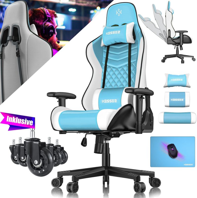 KESSER® Gaming Stuhl Ergonomisch Bürostuhl mit Kopfstütze & Lendenkissen  Racing Gamer Stuhl 150kg belastbar  Armlehne 360°  Drehbarer Schreibtischstuhl Gaming Chair + Gummi-Rollen