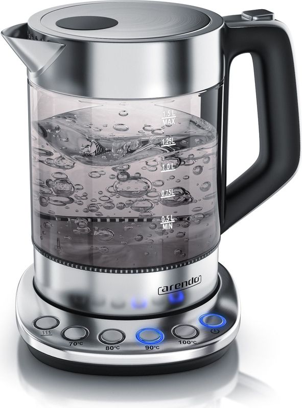 Arendo Wasserkocher 1,5 l, 2200 W, Edelstahl Glas, mit Basisstation & Temperatureinstellung 70°C - 100°C
