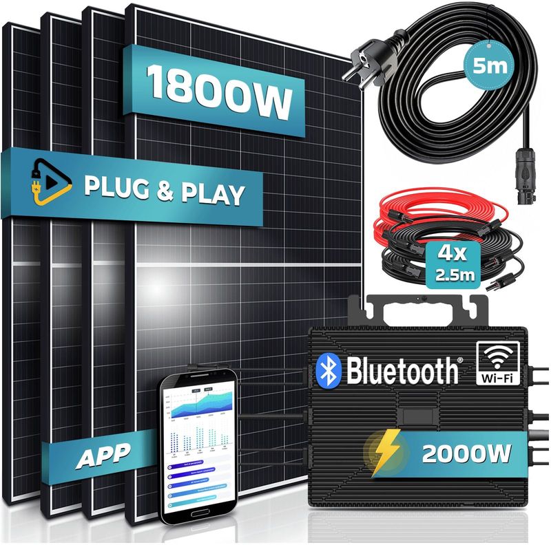 SUNNIVA® 1800W Balkonkraftwerk 2000W komplett Steckdose - Astro Energy 2000W Wechselrichter - PV Solaranlage Komplettset - 4x 450W (1800W) Solarmodule, Black Frame - inkl. 5m Kabel - Bluetooth, WIFI