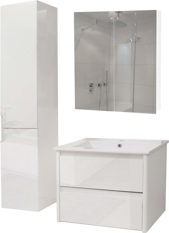 Badezimmerset MCW-B19b, Waschtisch Spiegelschrank Hängeschrank, hochglanz MVG-zertifiziert ~ weiß