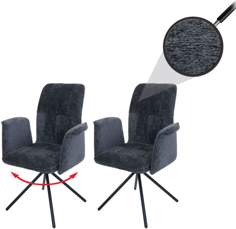 2er-Set Esszimmerstuhl MCW-N99, drehbar Armlehne Auto-Return, Stoff/Textil Chenille (340g/m²) Öko-Tex ~ dunkelgrau