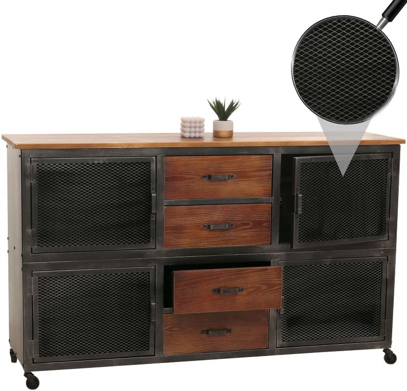 Sideboard MCW-N28, Kommode, Rollen 4 Schubladen, 3D-Struktur Industrial Retro Metall Holz 90x150x40cm ~ schwarz, braun