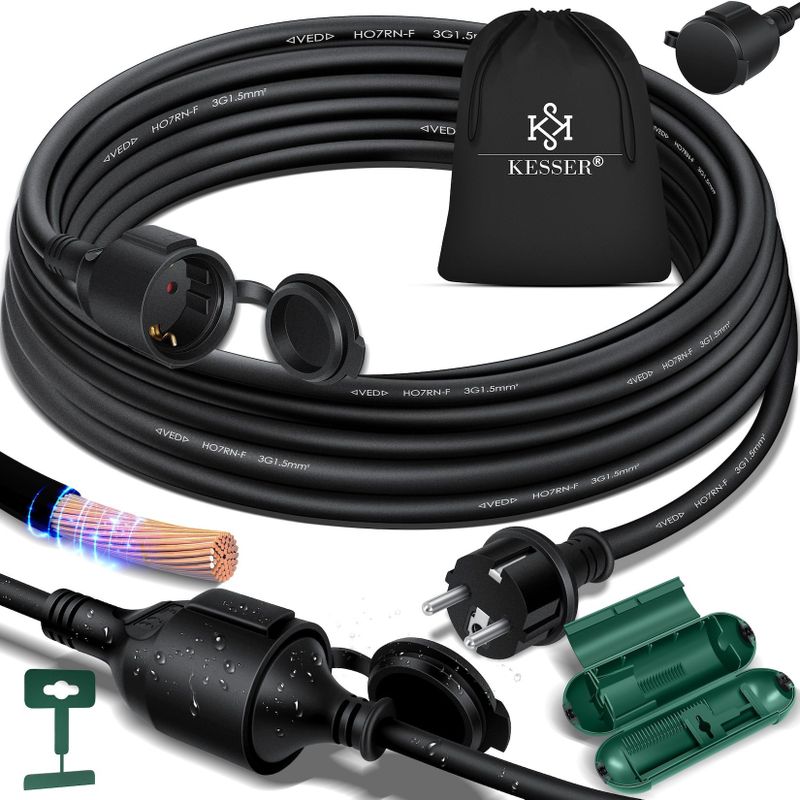 KESSER® Verlängerungskabel mit Schutzkappe Outdoor - für Innenbereich Außenbereich - Verlängerung Stromkabel – 230 V IP44 - Schutzkontakt Baustellenkabel Schutzkontaktstecker