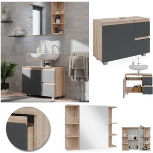 Vicco Badmöbelset J-shape Sonoma Anthrazit modern Badezimmer Schrank Badschrank Waschtischunterschrank Spiegelschrank Schranktür Schrankschublade Aufbewahrung
