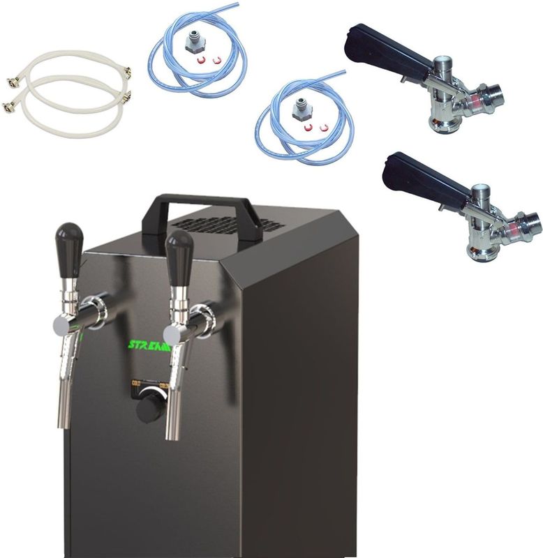 Komplett Set - Zapfanlage, Bierzapfanlage STREAM 50K mit Luftpumpe Bierkoffer, Durchlaufkühler 2-leitig Trockenkühler, bis zu 55 Liter/h - BLACK EDITION, Zapfkopf:NC Adapter,Zapfkopf 2:KeyKeg