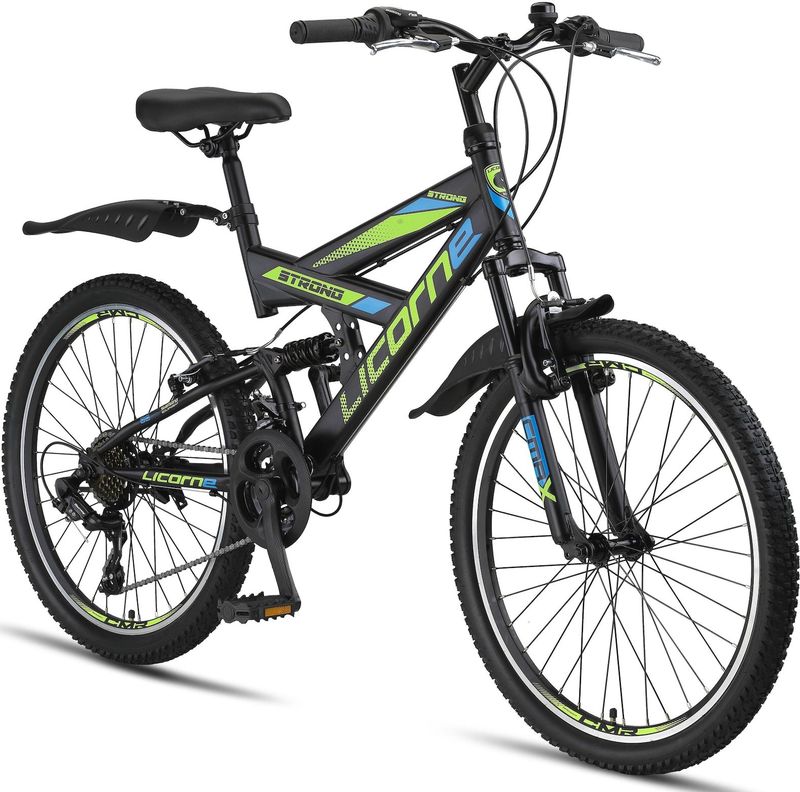 Licorne Bike Strong V Premium Mountainbike in 24 und 26 Zoll - Fahrrad für Jungen, Mädchen, Damen und Herren - Shimano 21 Gang-Schaltung - Vollfederung