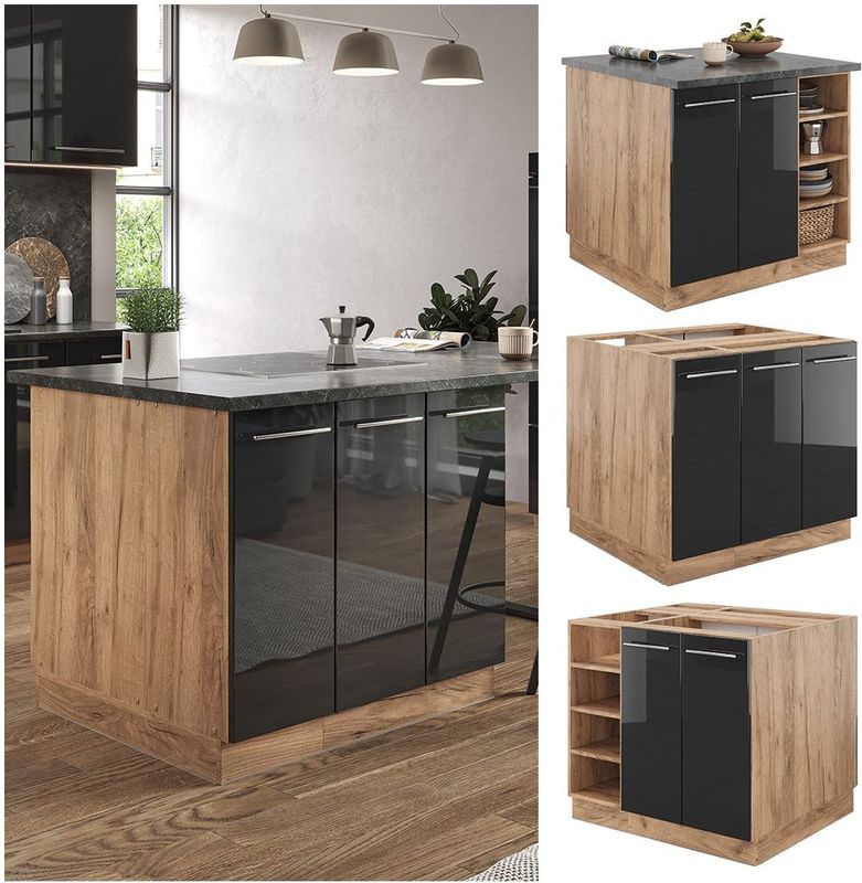 Vicco Kücheninsel Küchenblock Einbauküche Fame-Line Eiche Anthrazit 90 cm modern Hochglanz Küchen Schränke Regalunterschrank Küchenunterschrank Regalinselunterschrank Softclose-Scharnier Küchenmöbel