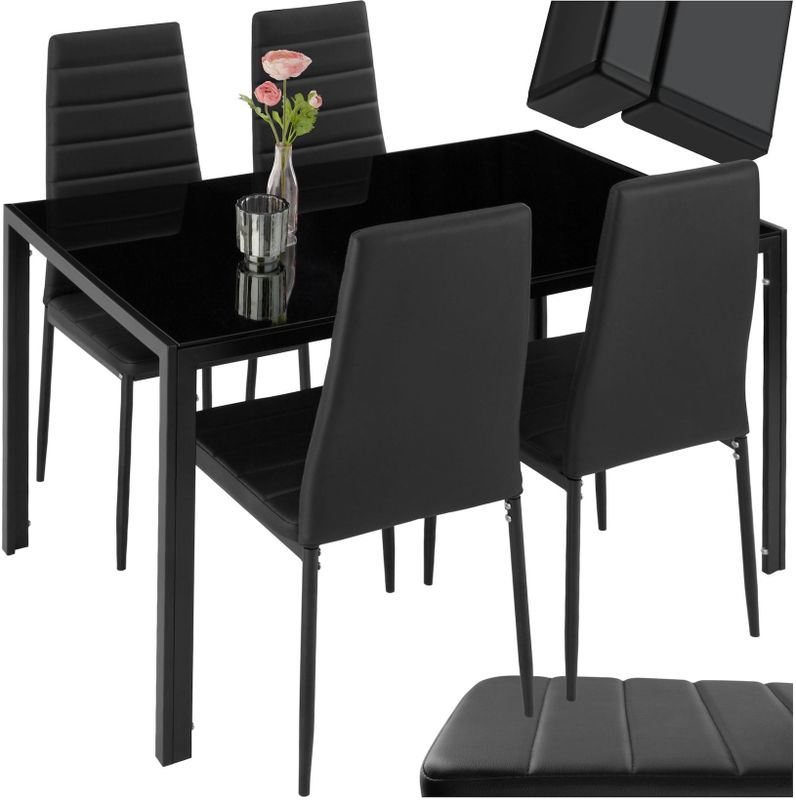 tectake® Esszimmergruppe, 5-teilig, gepolstert mit Kunstlederbezug, bodenschonende Kunststoffkappen