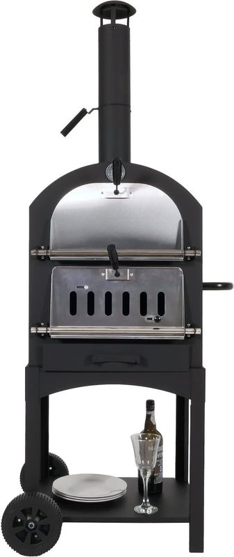 Holzkohlegrill MCW-N15, Pizzaofen Kaminofen, Grillrost Holzkohlerost Pizzastein, Stahl schwarz hochtemperaturlackiert