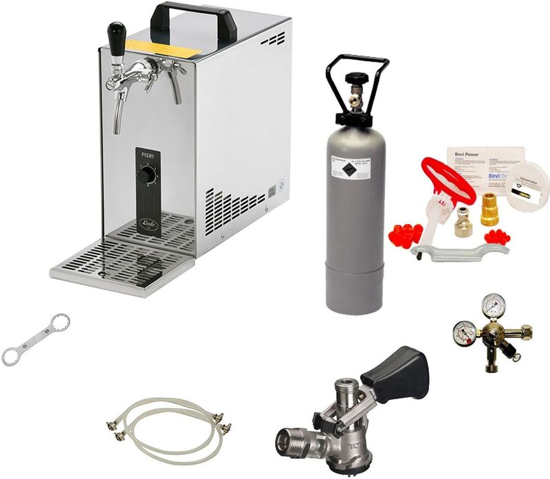 Komplett Set - Zapfanlage, Bierzapfanlage, Bierkoffer, Durchlaufkühler PYGMY 25 1-leitig Trockenkühler, 30 Liter/h, Reinigungsset für Zapfanlage und Keg, Zapfkopf:Dreikant